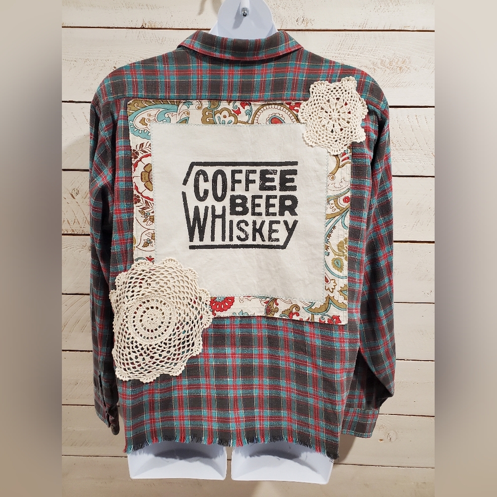 Upcycled / Recycled Plaid Flannel Shirt with Coffee Beer Whiskey Patch
